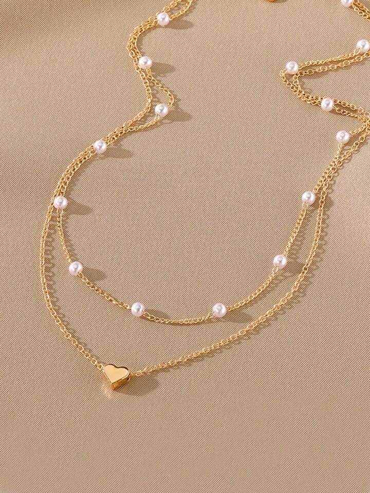2pcs Heart-Shaped Pearl Pendant Necklace Set