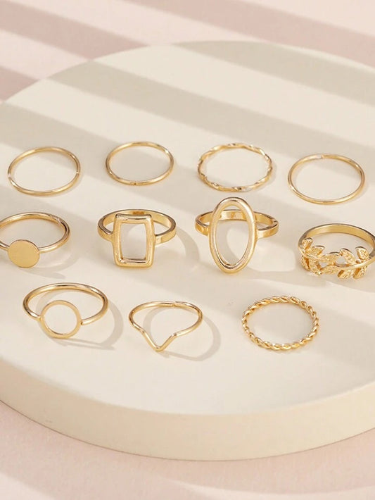11pcs/Set Geometric Leaf Design Joint Rings Set For Women