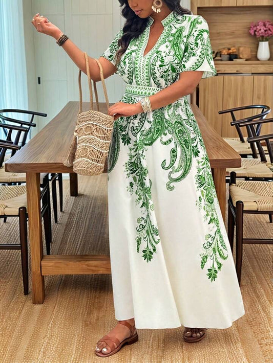 Breezaya Elegant Plus Size Green And White Floral Summer Vacation Midi Dress