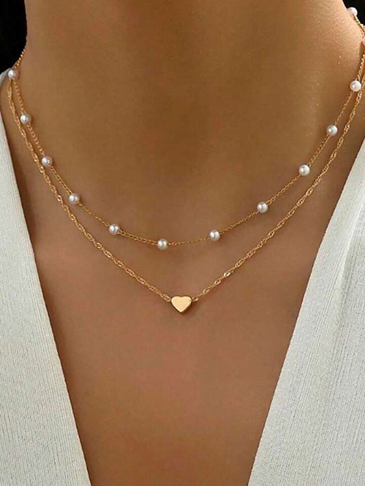 2pcs Heart-Shaped Pearl Pendant Necklace Set