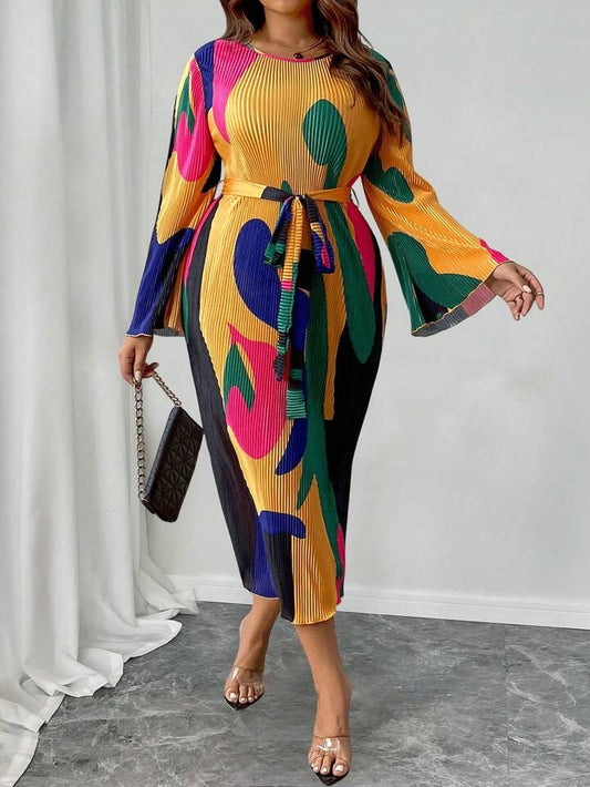Celure Plus Size Women Casual Pleated Round Neck Long Sleeve Graphic Print Tie-Waist Dress Maxi Women Outfit