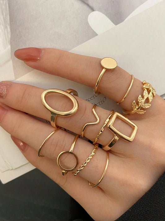 11pcs/Set Geometric Leaf Design Joint Rings Set For Women