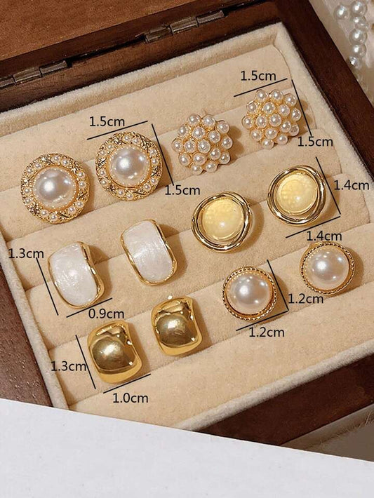 6pcs Set Retro Smooth Surface Hong Kong Style Round Pearl Charm Cat Eye Earrings