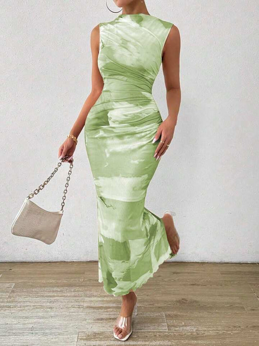 Chiquease Tie Dye Mock Neck Mesh Bodycon Dress Maxi Women Outfit