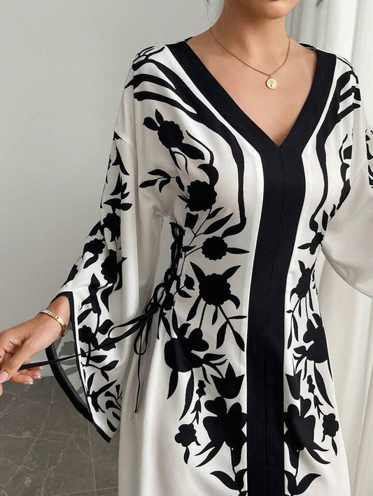 Yasmyna Women Elegant Floral Print Cross-Tie Side Bell Sleeve Dress