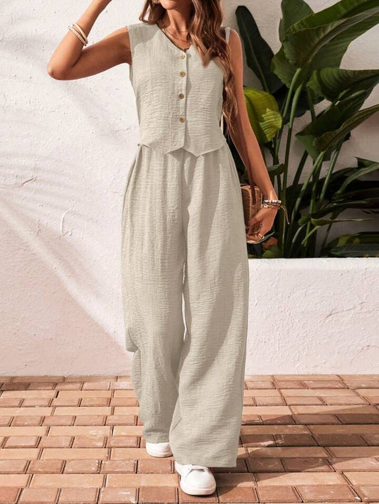 SHEIN Frenchy Women's Solid Color Front Button Sleeveless Blouse And Long Pants Casual Suit Set