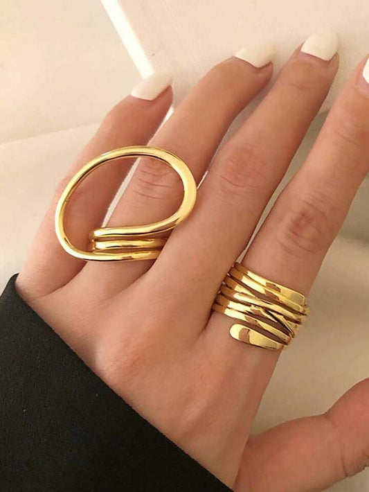 2pcs/Set Spiral Multilayer Chunky Geometric Hollow Twist Open Joint Ring Set