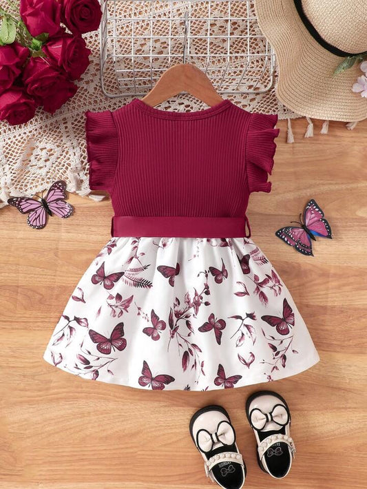SHEIN Baby Girls Casual Everyday All-Match Cute Butterfly Print Dress With Belt