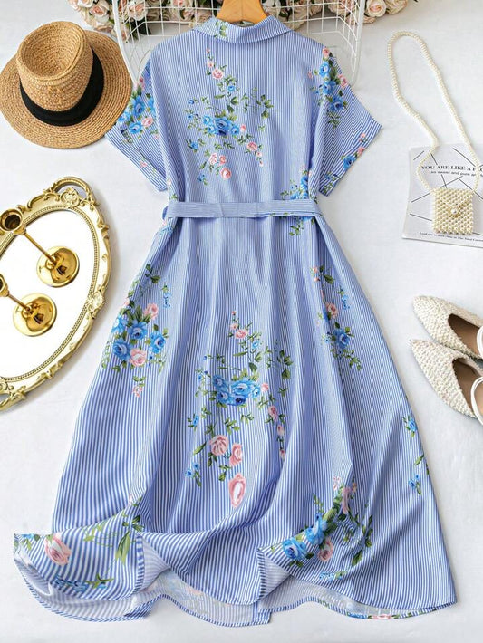 SHEIN Clasi Court Retro Plus Size Striped Sleeve Printed Cross Tie Front Blouse Dress