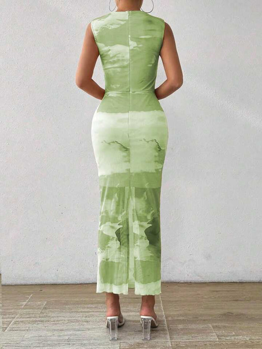 Chiquease Tie Dye Mock Neck Mesh Bodycon Dress Maxi Women Outfit