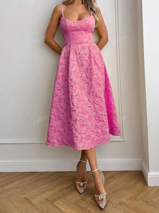 Floreya Summer Wedding Elegant Solid Color French Chic Quality Waist-Cinched Slim Fit Sling Midi Dress