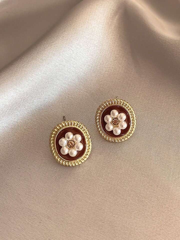5pcs Retro Faux Pearl Flower Hollow Heart Shaped Two-Tone Luxury & Unique Ear Studs Earrings Set