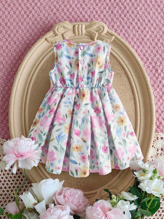 Souflis Souflis Baby Girl Spring/Summer Floral Watercolor Print Cinched Waist Bow Sleeveless Princess Dress,