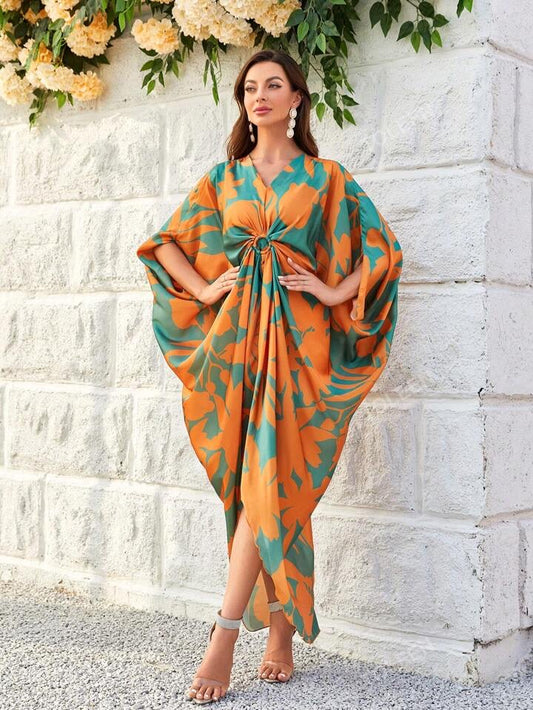 Floral Print Batwing Sleeve Modest Long Sleeve Dress Kaftan Arabian Dress