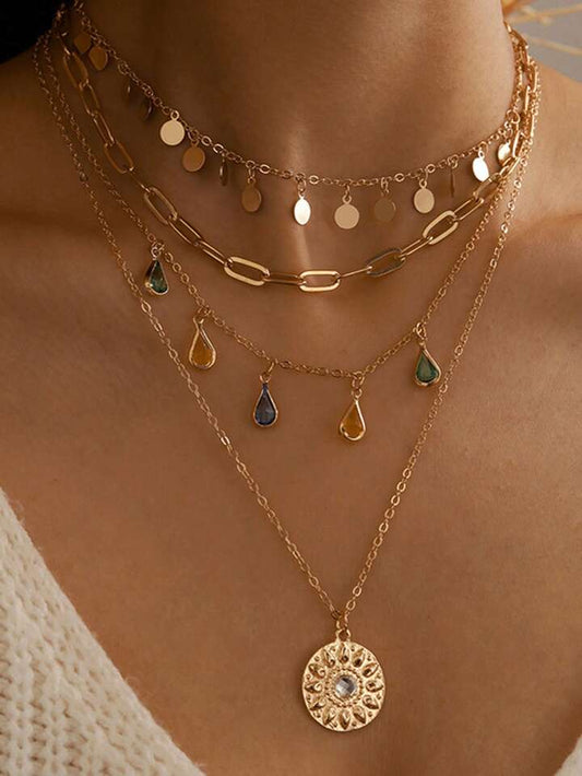 1pc Geometric Circle Tassel Necklace, Alloy Ring Rhinestone Tassel Uneven Circle Pendant 4 Layer Chain