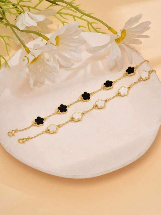 2 Pieces/Set Bicolor Five-Petal Flower Chain Bracelet