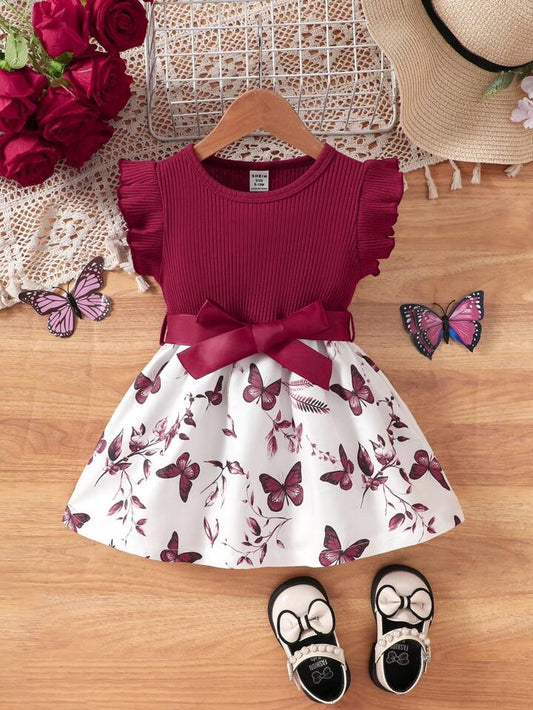 SHEIN Baby Girls Casual Everyday All-Match Cute Butterfly Print Dress With Belt