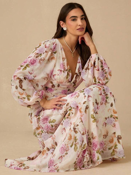 Enchnt Spring/Summer Romantic Women's Apricot&Purple ROSE Print Deep V-Neck Long Sleeve Ruffled Maxi Dress
