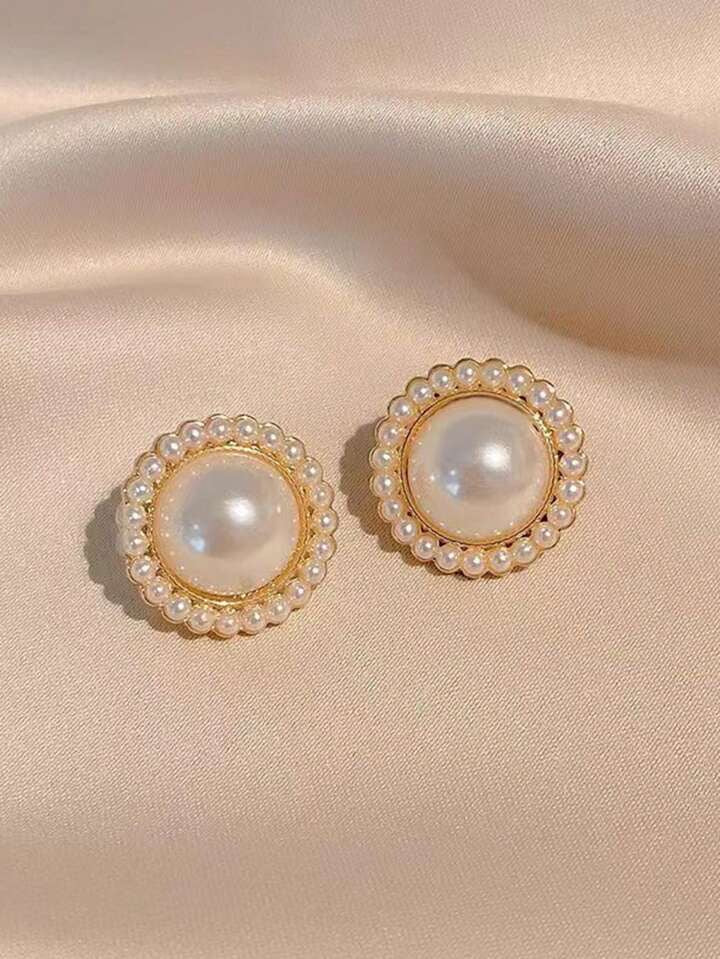 5pcs Retro Faux Pearl Flower Hollow Heart Shaped Two-Tone Luxury & Unique Ear Studs Earrings Set