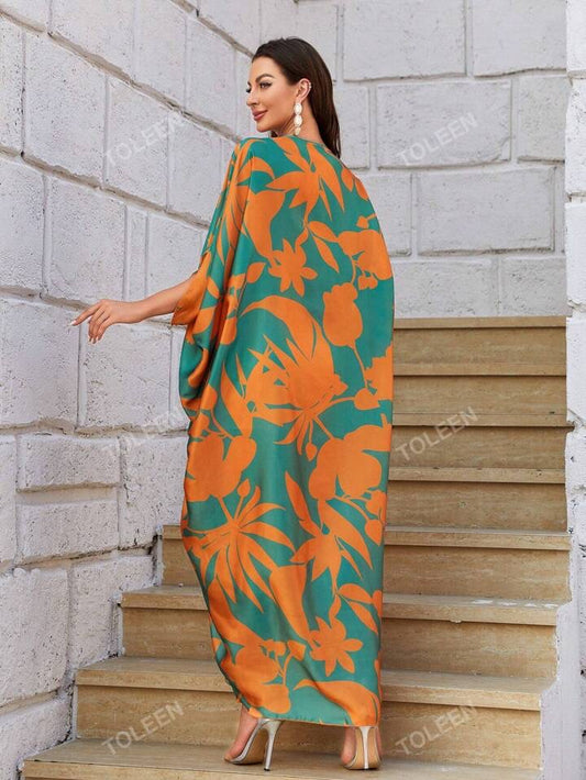 Floral Print Batwing Sleeve Modest Long Sleeve Dress Kaftan Arabian Dress