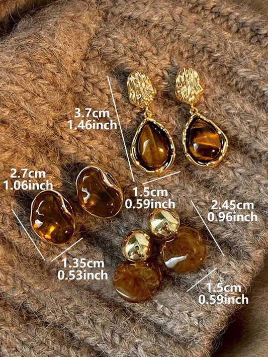 3 Pairs Of Vintage Elegant Amber Color Resin Inlaid Earrings For Women