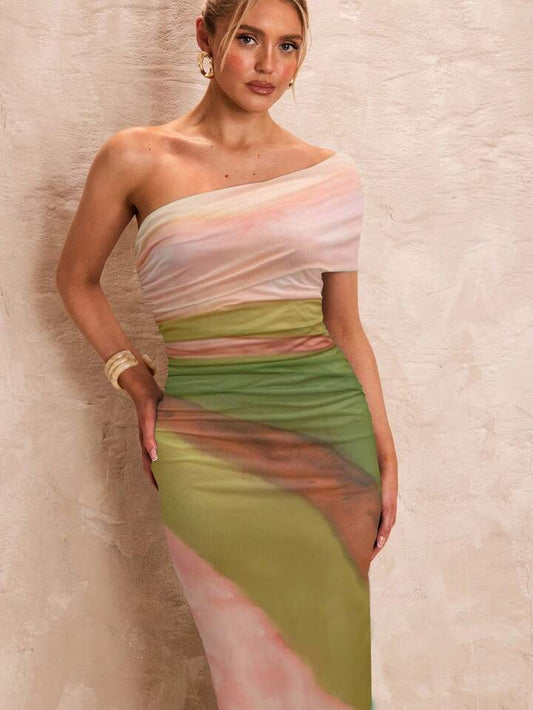 Glamine Women's Summer Green Tie-Dye Slit Mesh Panel Mini Dress