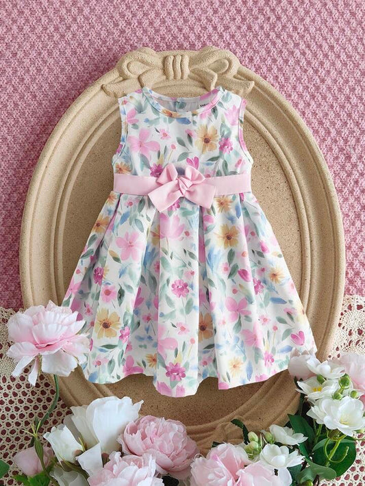 Souflis Souflis Baby Girl Spring/Summer Floral Watercolor Print Cinched Waist Bow Sleeveless Princess Dress,