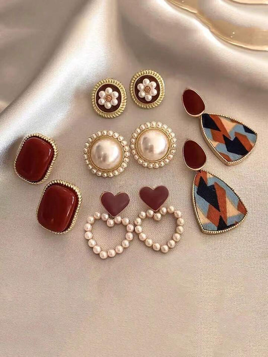 5pcs Retro Faux Pearl Flower Hollow Heart Shaped Two-Tone Luxury & Unique Ear Studs Earrings Set
