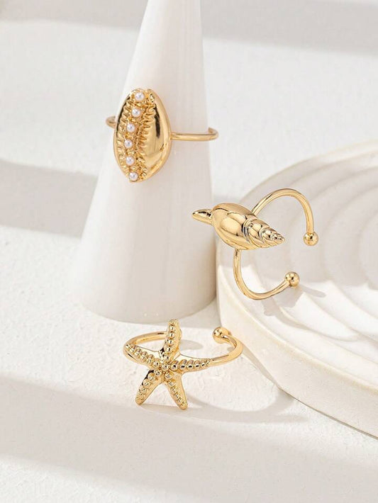 3 Pcs Summer Beach Rings Set Starfish Ring Jewelry Sea Shell Ring For Women