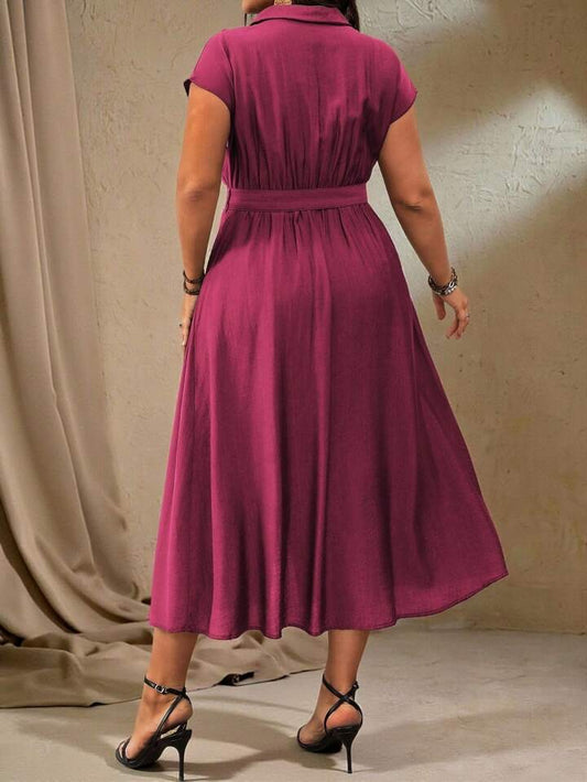 Roveilla Plus Size Women's Spring/Summer French Elegant Office Casual V-Neck Waist Belt Metal D-Shape Buckle Decor A-Line Dress