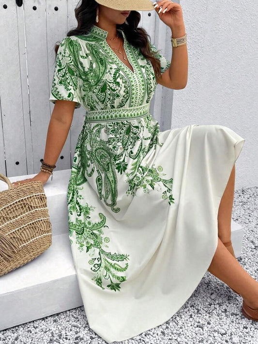 Breezaya Elegant Plus Size Green And White Floral Summer Vacation Midi Dress
