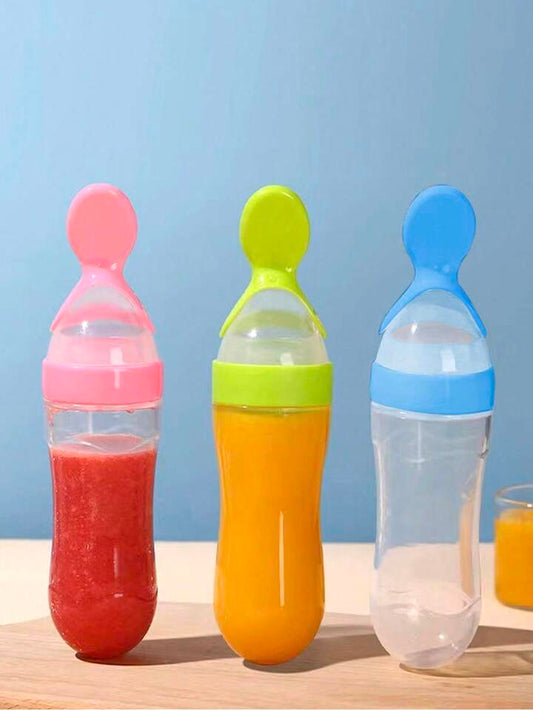 90ml/3oz Round Bottom Baby Silicone Bottle With Spoon & Dust Cover (1pc)