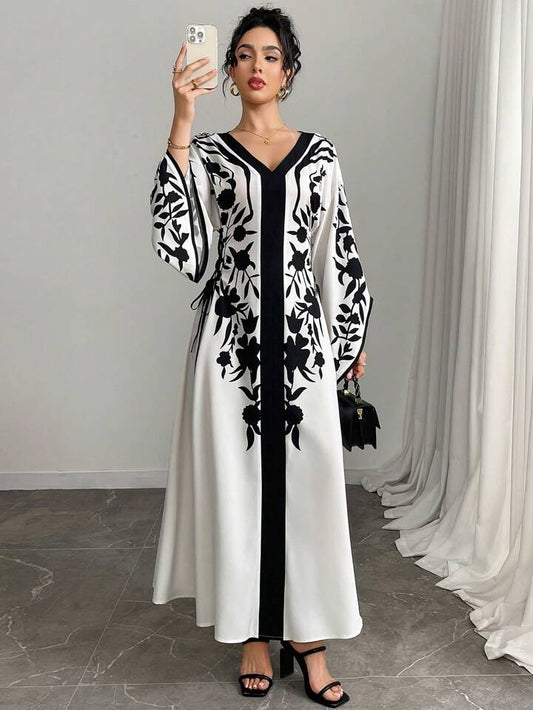 Yasmyna Women Elegant Floral Print Cross-Tie Side Bell Sleeve Dress