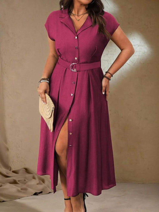 Roveilla Plus Size Women's Spring/Summer French Elegant Office Casual V-Neck Waist Belt Metal D-Shape Buckle Decor A-Line Dress