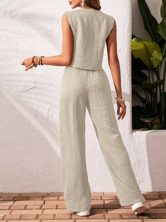 SHEIN Frenchy Women's Solid Color Front Button Sleeveless Blouse And Long Pants Casual Suit Set