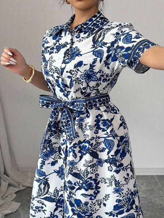 Elenzga Plus Size French Placket Short Sleeve Shirt Dress