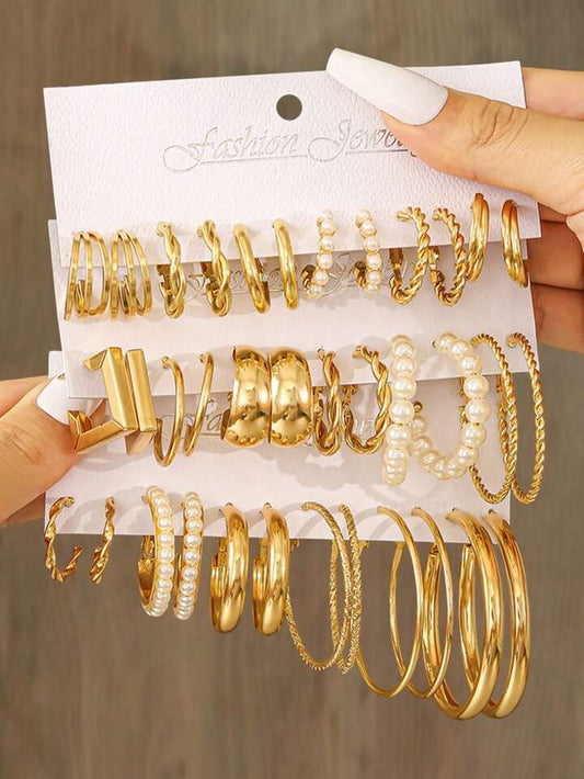 12pcs Retro Punk Geometric Square & C Shape Hoop Earrings Set