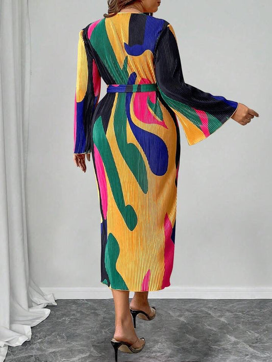 Celure Plus Size Women Casual Pleated Round Neck Long Sleeve Graphic Print Tie-Waist Dress Maxi Women Outfit