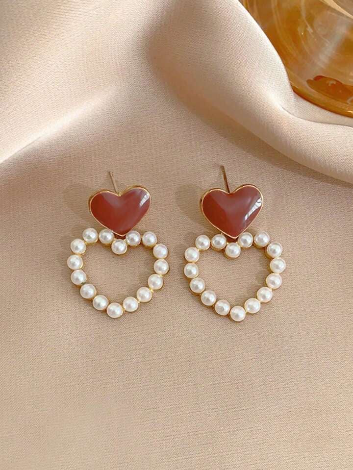5pcs Retro Faux Pearl Flower Hollow Heart Shaped Two-Tone Luxury & Unique Ear Studs Earrings Set
