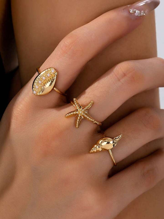 3 Pcs Summer Beach Rings Set Starfish Ring Jewelry Sea Shell Ring For Women