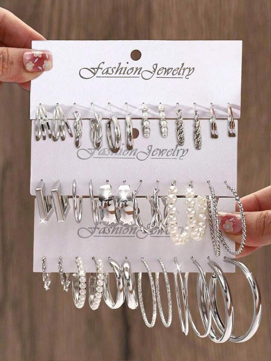12pcs Retro Punk Geometric Square & C Shape Hoop Earrings Set