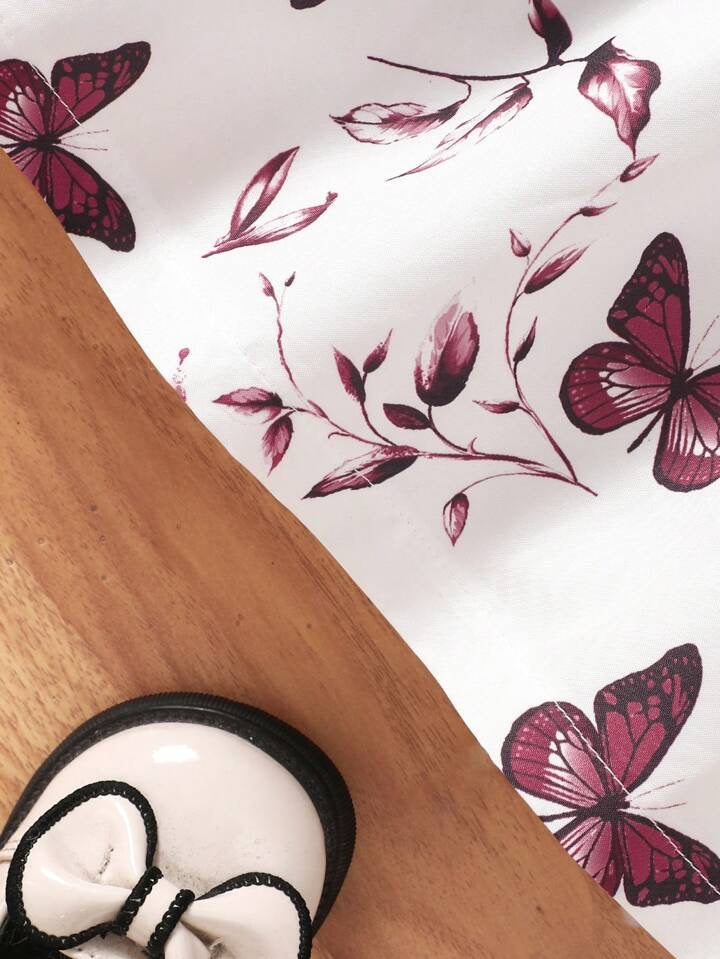 SHEIN Baby Girls Casual Everyday All-Match Cute Butterfly Print Dress With Belt