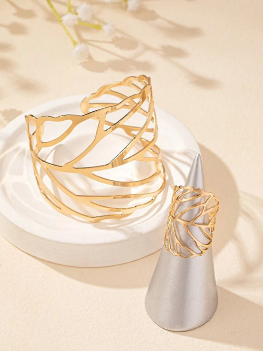 1pc Metal Fashion Geometric Leaf Bracelet And 1pc Metal Fashion Geometric Leaf Ring