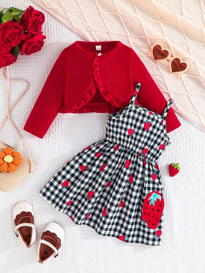2pcs/Set Newborn Baby Girl Ruffle Collar Jacket & Strawberry Print Suspender Dress Set