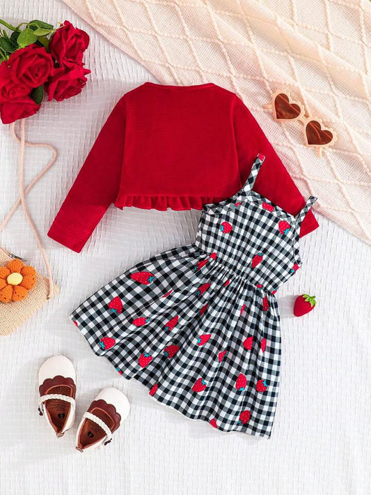 2pcs/Set Newborn Baby Girl Ruffle Collar Jacket & Strawberry Print Suspender Dress Set