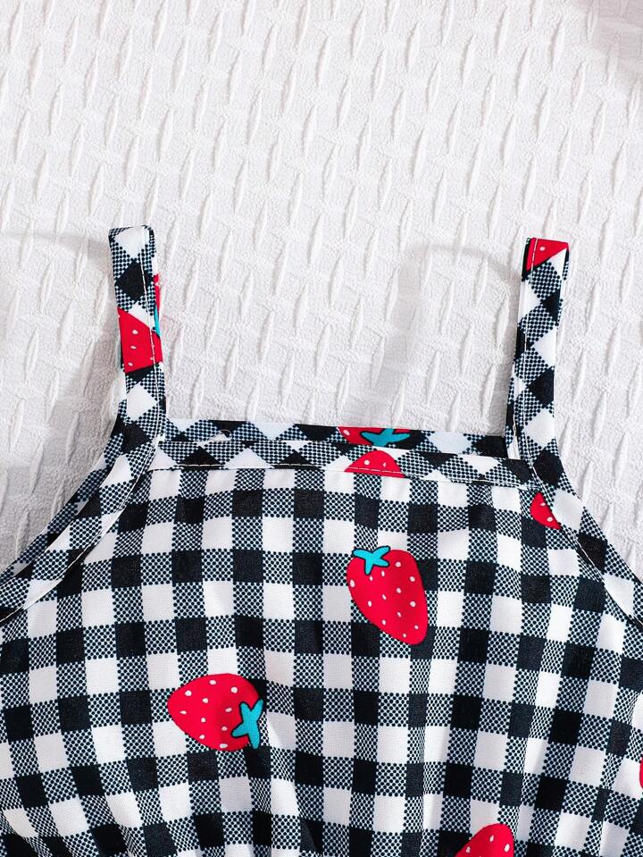 2pcs/Set Newborn Baby Girl Ruffle Collar Jacket & Strawberry Print Suspender Dress Set