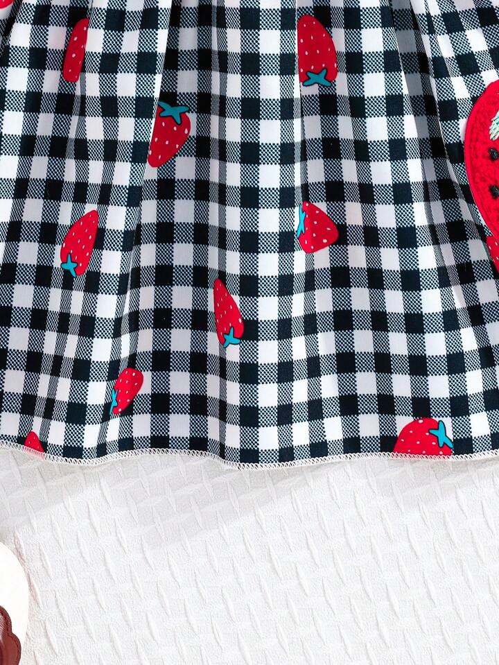 2pcs/Set Newborn Baby Girl Ruffle Collar Jacket & Strawberry Print Suspender Dress Set