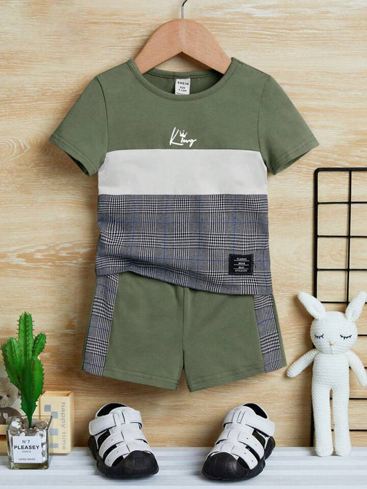 Baby Boy Crew Neck Contrast Color Block Plaid Short Sleeve Top And Shorts Set