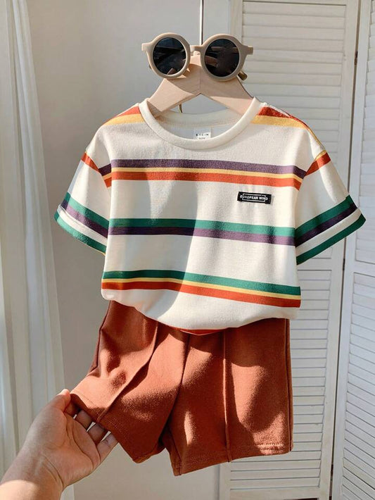 SHEIN 2pcs Baby Boy Cute Striped Short Sleeve Top And Elastic Waist Shorts Set