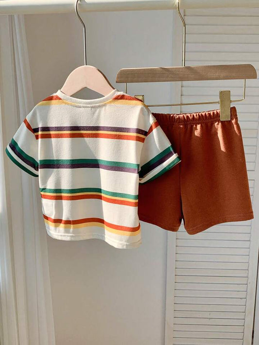 SHEIN 2pcs Baby Boy Cute Striped Short Sleeve Top And Elastic Waist Shorts Set